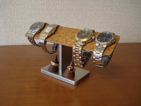 画像1: 4本掛け腕時計スタンド　木製チョコ色リングスタンド付き (1)