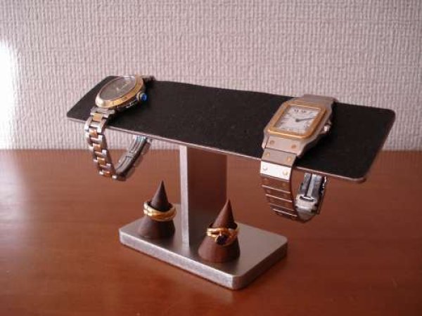 画像1: ブラックコルク4本掛け腕時計スタンド　木製チョコ色リングスタンドバージョン (1)