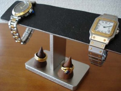 画像2: ブラックコルク4本掛け腕時計スタンド　木製チョコ色リングスタンドバージョン