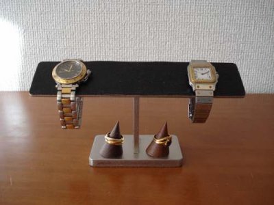 画像1: ブラックコルク4本掛け腕時計スタンド　木製チョコ色リングスタンドバージョン