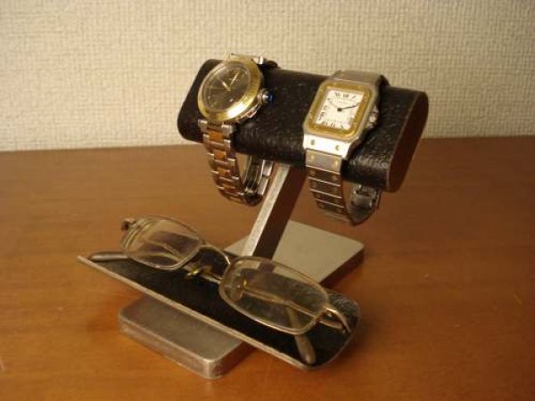 画像1: 腕時計スタンド　ブラックコルクだ円パイプ2本腕時計＆眼鏡スタンド　 (1)