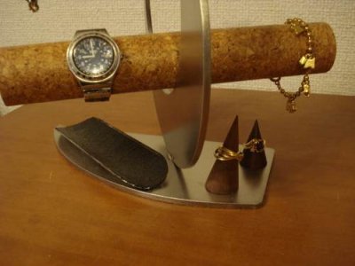 画像1: 三日月ムーンブラックロングトレイ、木製チョコ色リングスタンド付き腕時計スタンド