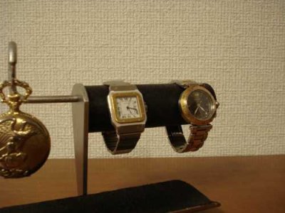 画像1: 腕時計スタンド　腕時計スタンド ２本　ウオッチスタンド　ブラック2本掛け腕時計、懐中時計スタンド　ロングトレイ付き