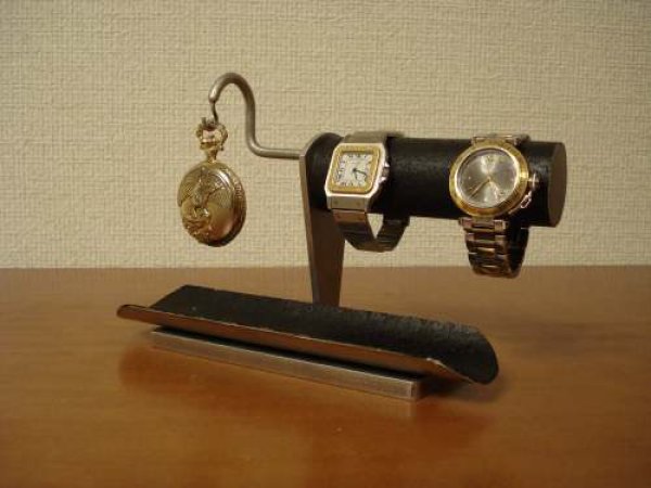 画像1: 腕時計スタンド　腕時計スタンド ２本　ウオッチスタンド　ブラック2本掛け腕時計、懐中時計スタンド　ロングトレイ付き (1)