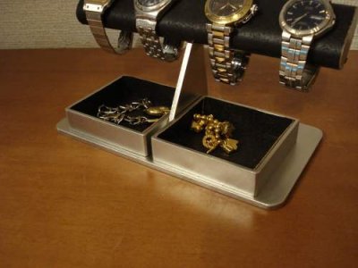 画像1: 腕時計スタンド　ブラックだ円パイプダブルでかいトレイ付き腕時計スタンド