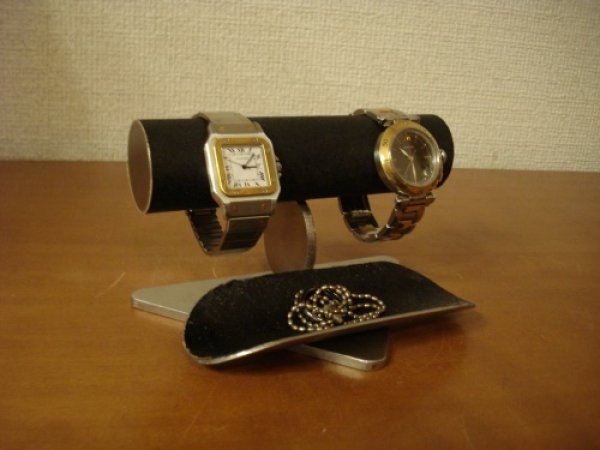 画像1: 腕時計スタンド　ブラック丸支柱腕時計スタンド　ロングトレイ付き　AK553 (1)