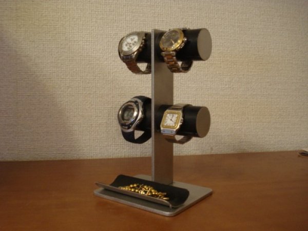 画像1: ウオッチスタンド　ブラック丸パイプ4本掛けトレイ付き腕時計スタンド　AK8355 (1)