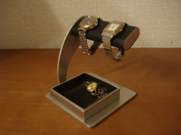 画像1: 腕時計スタンド　ブラック2本掛けアクセサリー収納トレイ腕時計スタンド				 (1)