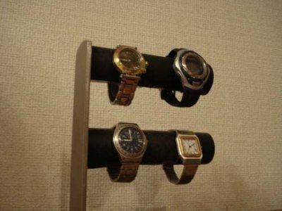 画像2: 時計スタンド　丸パイプ2段でかいトレイ4〜6本掛けブラック腕時計スタンド 