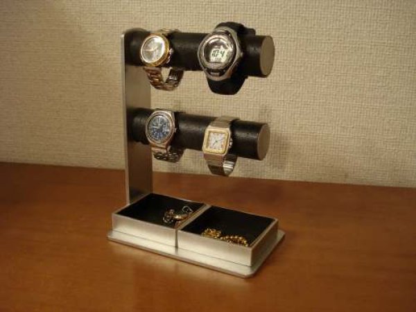 画像1: 時計スタンド　丸パイプ2段でかいトレイ4〜6本掛けブラック腕時計スタンド  (1)