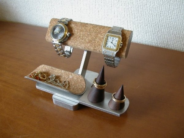 画像3: 腕時計スタンド　 だ円パイプ腕時計２本掛けトレイ＆指輪スタンド付き腕時計スタンド (3)