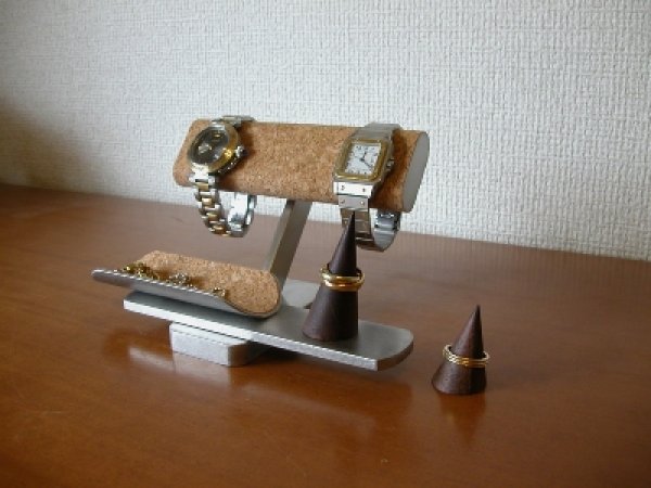 画像2: 腕時計スタンド　 だ円パイプ腕時計２本掛けトレイ＆指輪スタンド付き腕時計スタンド (2)