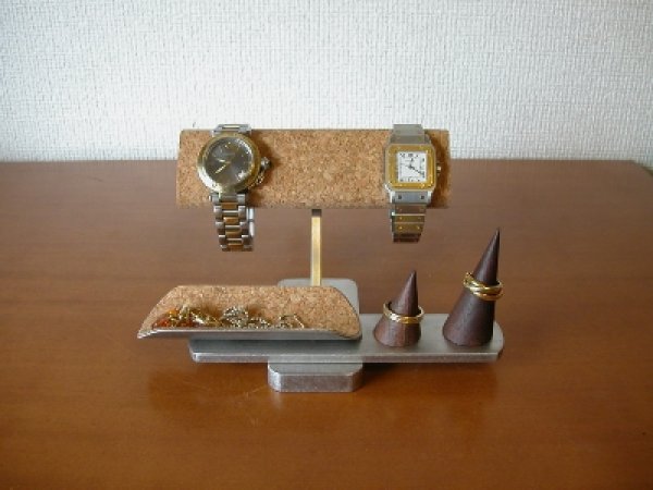 画像1: 腕時計スタンド　 だ円パイプ腕時計２本掛けトレイ＆指輪スタンド付き腕時計スタンド (1)