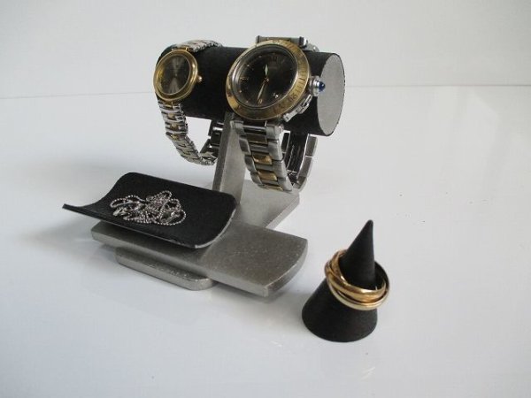 画像4: 腕時計スタンド　ウオッチスタンド　２本掛け丸パイプトレイ、指輪スタンド付き腕時計スタンドブラック　190803　 (4)