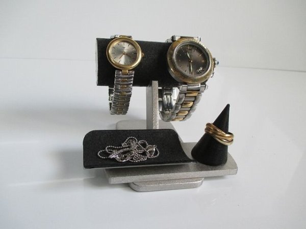 画像2: 腕時計スタンド　ウオッチスタンド　２本掛け丸パイプトレイ、指輪スタンド付き腕時計スタンドブラック　190803　 (2)