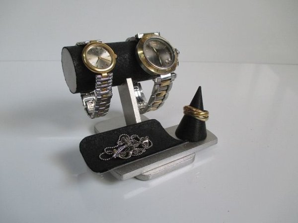 画像1: ウオッチスタンド　２本掛け丸パイプトレイ、指輪スタンド付き腕時計スタンドブラック　190803　 (1)