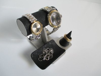 画像3: ウオッチスタンド　２本掛け丸パイプトレイ、指輪スタンド付き腕時計スタンドブラック　190803　