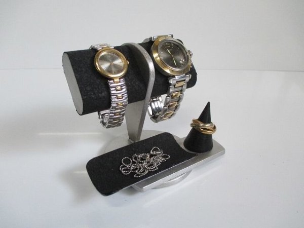 腕時計スタンド　匿名配送　コルク貼り角度緩やか２本腕時計スタンド　眼鏡トレイ付き