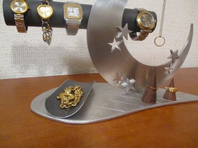 画像3: 腕時計スタンド　リーフムーン腕時計、ネックレス、リングスタンドトレイ　ブラック