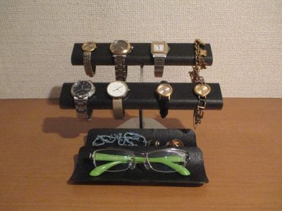 画像3: 腕時計スタンド　腕時計（8本掛け）、眼鏡、アクセサリー、ロングハーフパイプトレイ付き　ブラック　No.211127　