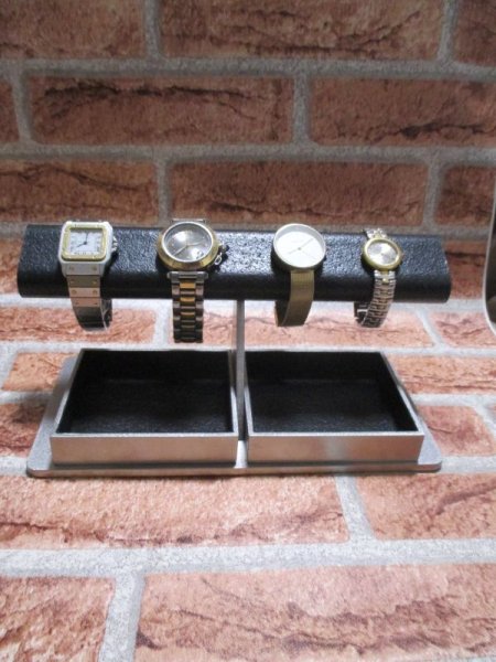 画像2: 腕時計スタンド　ラッピング　　4本掛けだ円パイプダブルでかいトレイ付き腕時計スタンド　黒 (2)