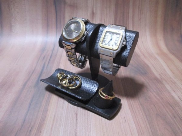 画像1: 腕時計スタンド　腕時計スタンド かわいい　腕時計スタンド おしゃれ　腕時計スタンド 飾る　ウオッチスタンド　オールブラック２本掛けだ円パイプトレイ、指輪スタンド付き腕時計スタンド　 (1)