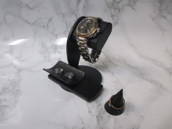 画像4: ウオッチスタンド　オールブラックだ円パイプ腕時計スタンド リングスタンド、小物入れ付きトレイ付き　腕時計スタンド　ウオッチスタンド (4)