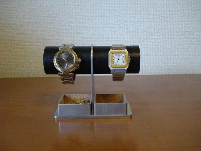 画像1: ブラックコルク腕時計スタンド2本掛けトレイ