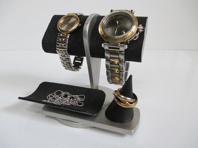 腕時計スタンド　　２本掛けだ円パイプトレイ、指輪スタンド付き腕時計スタンドブラック　190803　