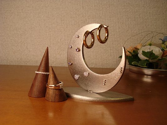 ピアススタンド　アクセサリースタンド　イヤリングスタンド　ムーンアクセサリースタンド　木製リングスタンド付き