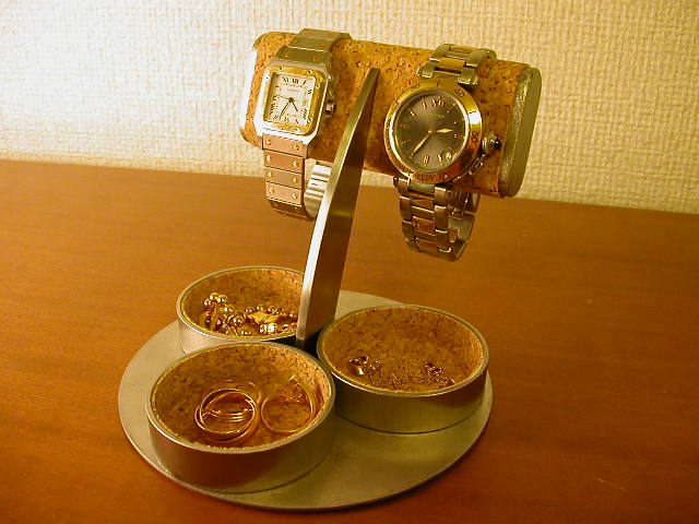 腕時計スタンド　だ円パイプ2本掛け三つの丸い小物入れ付き腕時計スタンド