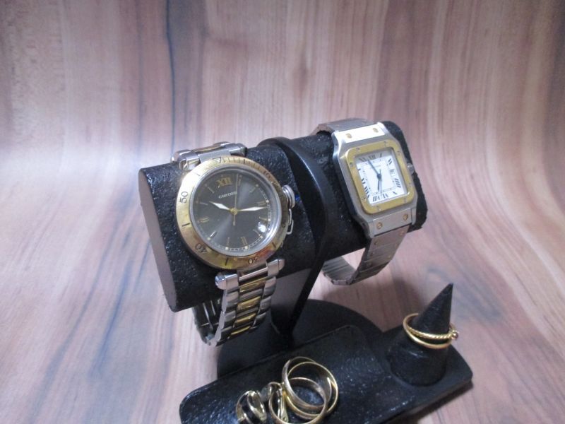 腕時計スタンド 腕時計４本掛けダブル角トレイ付き時計スタンド ブラック-